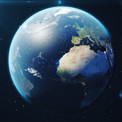 3D Rendering Planet earth from the space at night. The World Globe from Space in a star field showing the terrain and clouds Elements of this image furnished by NASA.