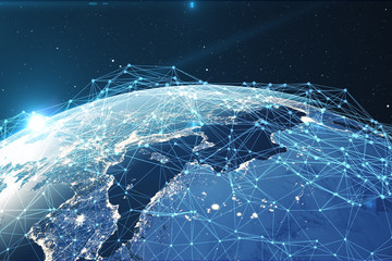 3d rendering network and data exchange over planet earth in space. connection lines around earth glo