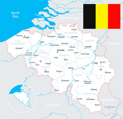  Brussels, Antwerp, Gent, Bruges - map and flag illustration