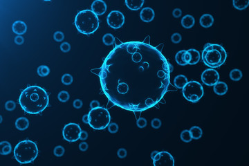 Wall Mural - viruses in infected organism, viral disease epidemic, virus abstract on blue glowing tint background