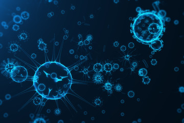 Wall Mural - viruses in infected organism, viral disease epidemic, virus abstract on blue glowing tint background