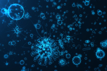 Wall Mural - viruses in infected organism, viral disease epidemic, virus abstract on blue glowing tint background