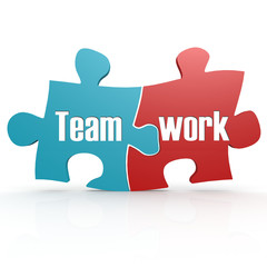 Poster - Blue and red with teamwork  puzzle