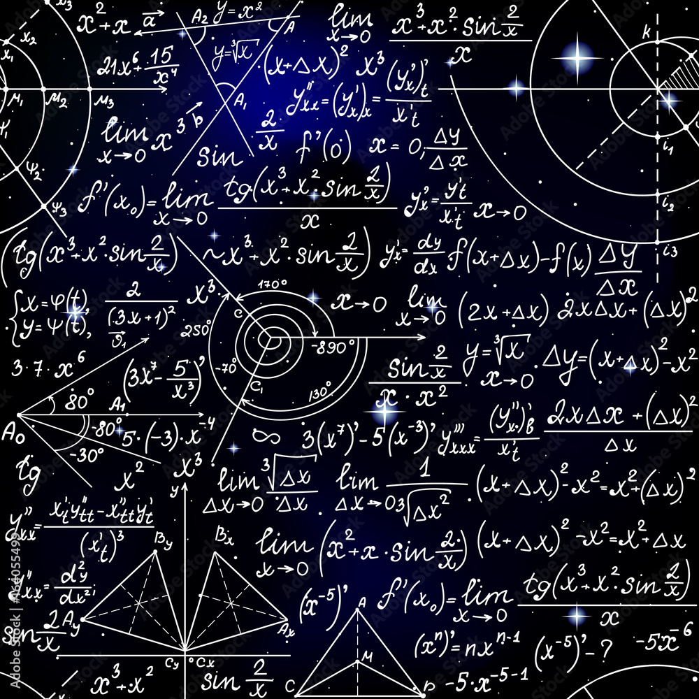 Math space vector seamless pattern with handwritten formulas, figures and algebra equations on starry cosmic background
