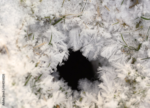 Fotografie, Obraz Schneekristalle, Eiskristalle in winterlicher Landschaft um ein Erdloch