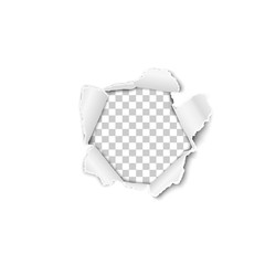 Wall Mural - Torn hole in the sheet of white paper. Transparent background of the resulting window. Vector template design.