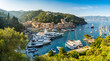 Aussicht auf den Hafen von Portofino, Ligurische Riviera, Italien