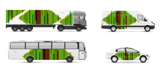 Design branding vehicles for advertising and corporate identity. Mock up for transport. Passenger car, bus and van. Graphics elements with modern geometric style.