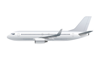flying airplane, jet aircraft, airliner. side view of detailed passenger air plane isolated on white