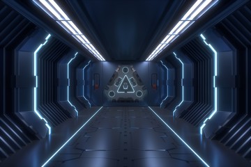 science background fiction interior rendering corridor and blue light,3d rendering