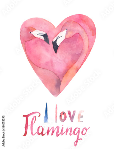 Watercolor pink flamingo couple in the shape of a heart with handwritten I lo...