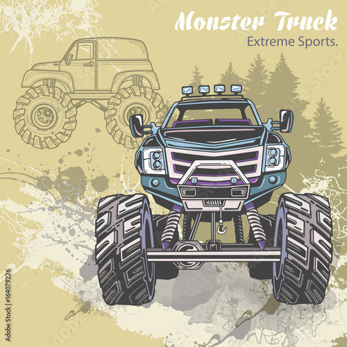 Dekoracja na wymiar  szkic-monster-truck-na-graficznym-krajobrazie-lasu-ilustracja-wektorowa-retro-sporty-ekstremalne