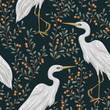 Seamless pattern with heron bird and cranberry plant. Rustic botanical background. Vintage hand drawn vector illustration in watercolor style