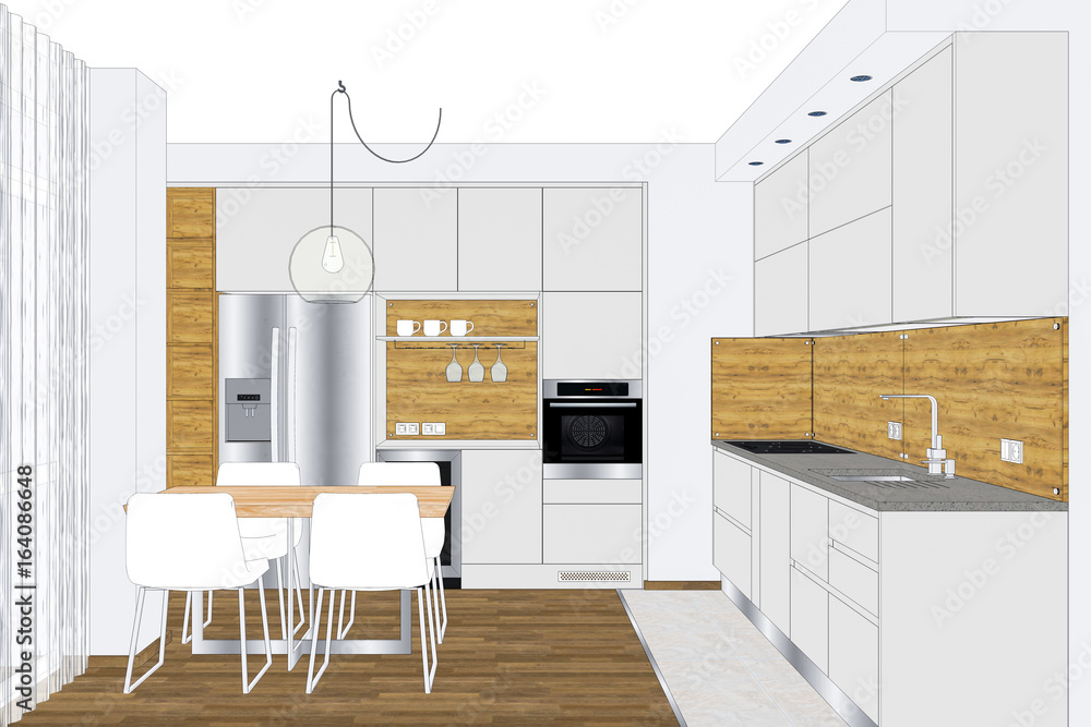 3D illustration. Modern creative kitchen design in light interior ...