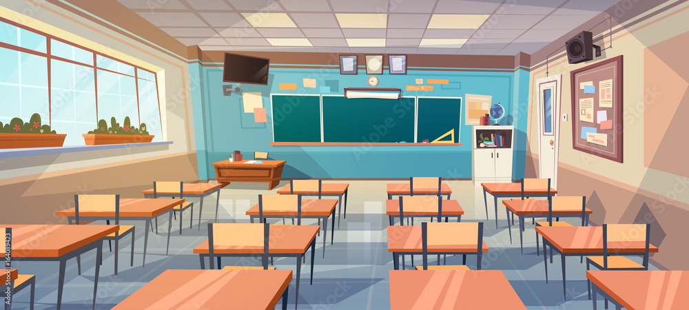 Obraz Empty School Class Room Interior Board Desk Flat Vector Illustration fototapeta, plakat