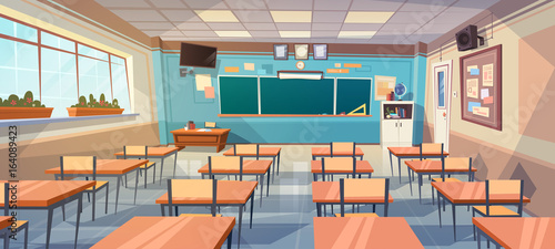 Fotografía Empty School Class Room Interior Board Desk Flat Vector Illustration