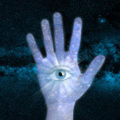 Wall Mural - conceptual image of close up hand and universe