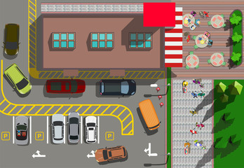 Canvas Print - Top view fast food restaurant with cars parking