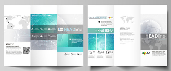 The minimalistic abstract vector illustration of editable layout of two creative tri-fold brochure covers design business templates. Chemistry pattern. Molecule structure. Medical, science background.