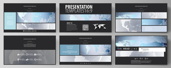 The black colored minimalistic vector illustration of the editable layout of high definition presentation slides design templates. Technology concept. Molecule structure, connecting background.