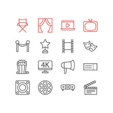 Vector Illustration Of 16 Cinema Icons. Editable Pack Of Snack, Megaphone, Filmstrip And Other Elements.