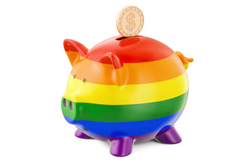 Poster - Piggy bank with rainbow flag and golden coin, 3D rendering