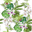 Seamless vector pattern of exotic vector drawn flowers and leaves. Tropical background.
