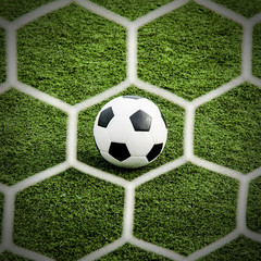 Soccer football in Goal net with green grass field.