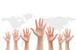 Many people women hands raising up on world map background showing vote, volunteer participation, rights equality concept
