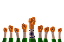 India National Flag Pattern On Leader's Fist Isolated On White Background (clipping Path) For Indian Independenceday, Human Equal Rights, Labor Day Concept