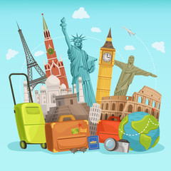 Travel poster design with different world landmarks. Vector illustrations