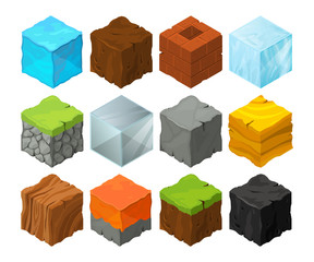 Wall Mural - isometric blocks with different texture for 3d game location design. lava, stones, ice and grass. me