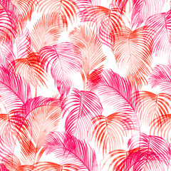 Wall Mural - Tropical watercolor pattern. Palm trees and tropical branches in seamless wallpaper on a white background. Digital art. Can be used for manufactory and textiles
