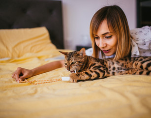 Wall Mural - Woman plays with a rope with Bengal cat