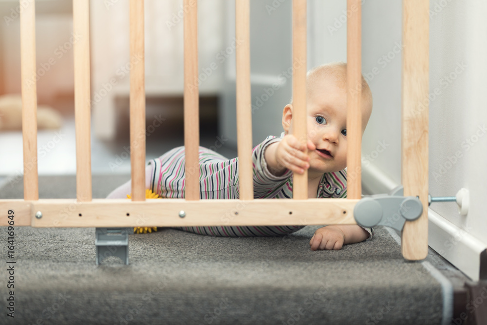 child playing behind safety gates in front of stairs at home - obrazy, fototapety, plakaty 