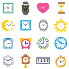 Clock Icons Set. Wall Clocks, Table Clocks And Wristwatches