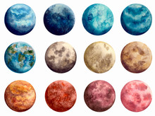 Set Of Watercolor Blue And Red Planets