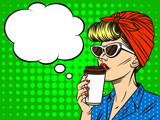 Fototapeta Fototapety dla młodzieży do pokoju - Young beautiful in retro style woman  with cup of coffee. Girl  in sunglasses of the European type with speech bubble on background of pop art style