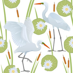 Color vector seamless pattern with detailed drawing of two Great Egrets, isolated on background of geometric ornaments, canes and flowers and leaves of a water lily.