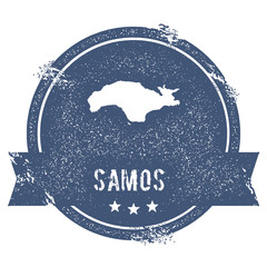 Wall Mural - Samos logo sign. Travel rubber stamp with the name and map of island, vector illustration. Can be used as insignia, logotype, label, sticker or badge.