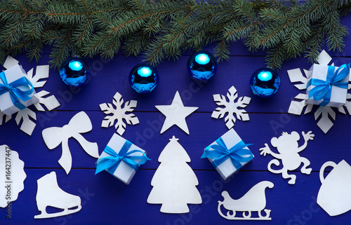 Beautiful Wooden Christmas Background With Wooden Icons Of