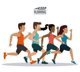 Sticker - white background of poster keep running with male and female team of athletes