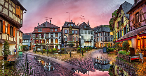 Rainy sunset in historical village Ribeauville, Alsace, France