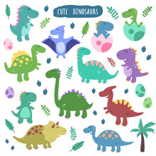 Cute Vector Set With Dinosaurs. Funny Smiling Dinosaurs, Footprins, Eggs, Baby, Palm. Cartoon Characters.  Design Elements