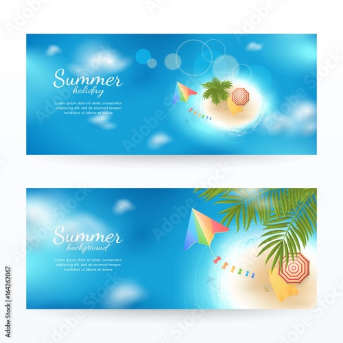 Vector Set Of Summer Horizontal Backgrounds With Top View Of Tropical Island With Beach Sea Waves
