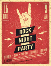 Rock Night Party Poster. Vintage Styled Vector Illustration.
