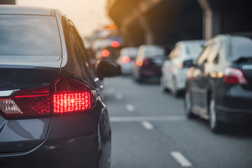 traffic jam with row of cars on toll way