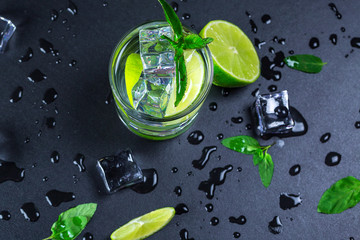 Wall Mural - Mojito cocktail with lime, ice cubes and mint in highball glass on a black background Copy space