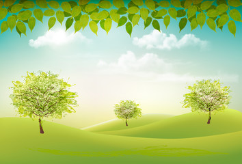 Poster - Summer nature background with a green trees and landscaper. Vector