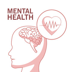 Sticker - white background with red color sections of silhouette profile human head mental health with circular frame heartbeat